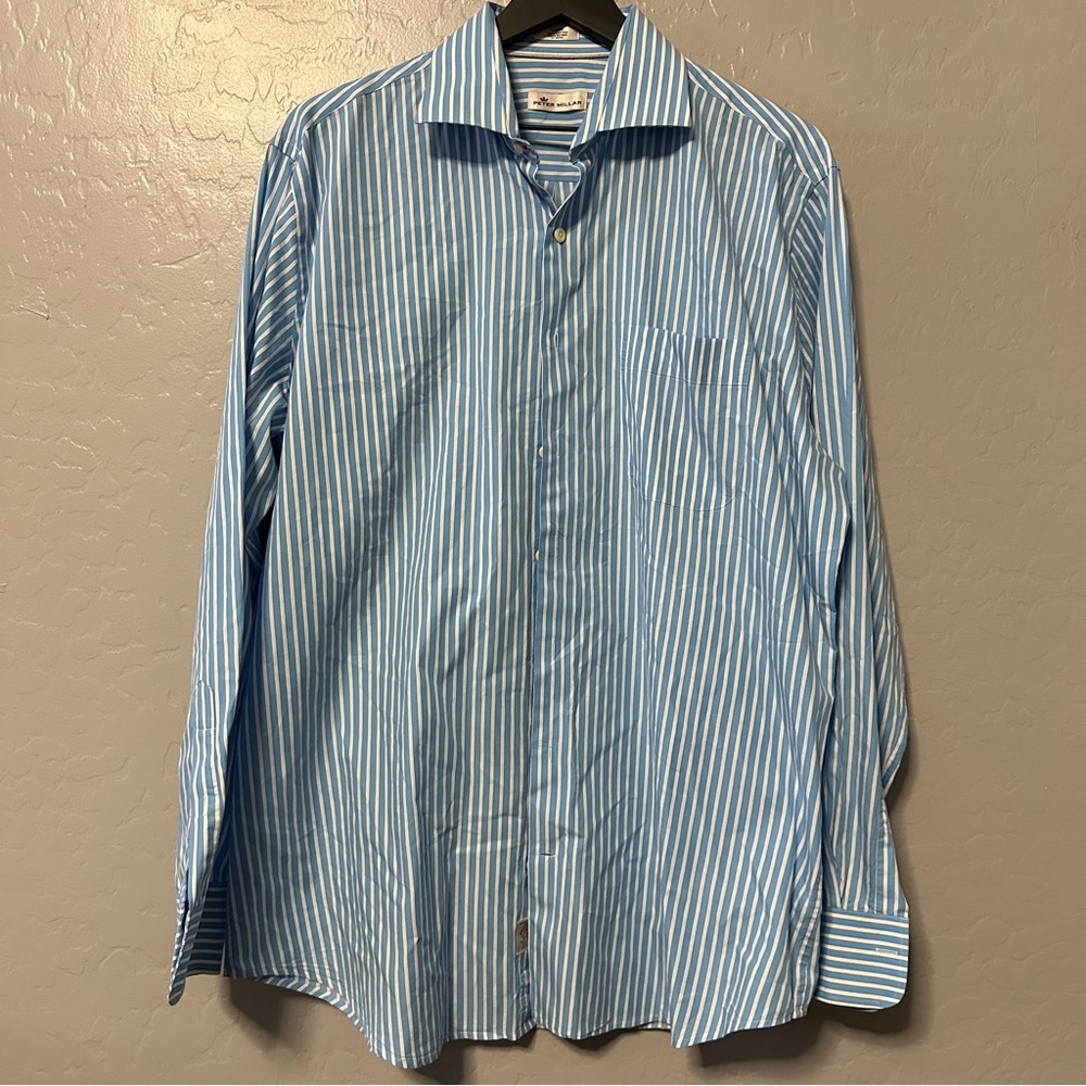 Men's Peter Millar Shirt Button Down Long Sleeve Baby Blue White Stripe Large